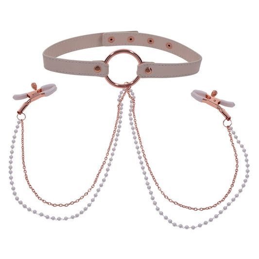 Pink Sex and Mischief Collar with Nipple Clamps on white background. image 1