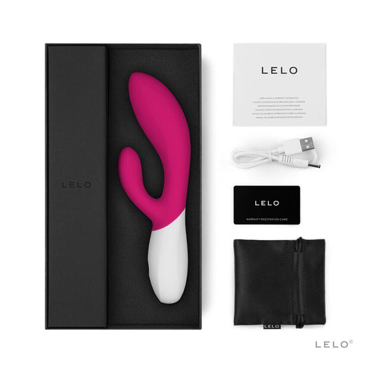 Lelo Pink Wave 2 Luxury Rechargeable Vibe with packaging and charger on white background. image 2