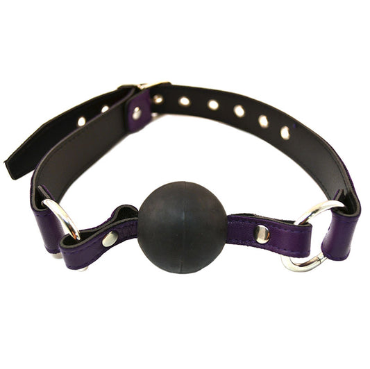 Purple Leather Ball Gag on a white background. image 1