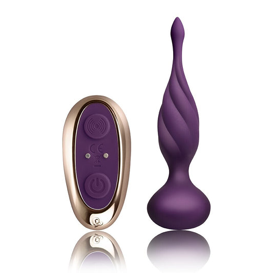 Purple Petite Sensations Butt Plug with remote on white background. image 1