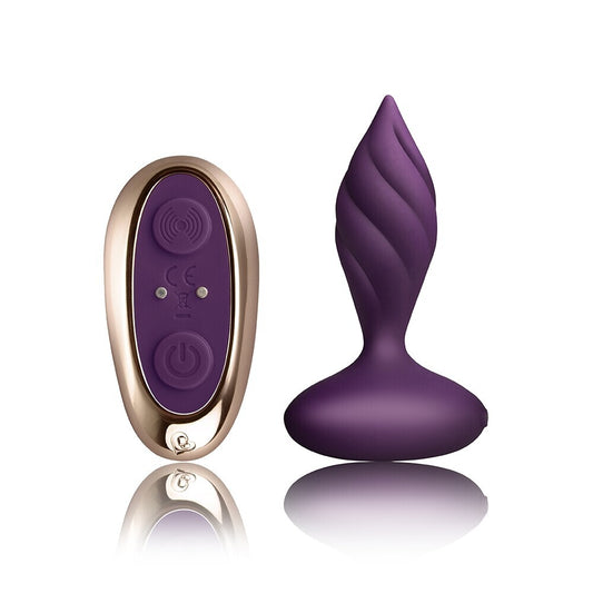 Purple and Gold Petite Sensations Butt Plug with remote, on white background. image 1