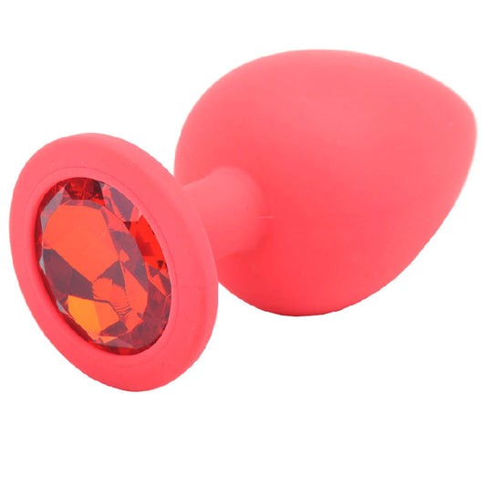 Red Jewelled Silicone Butt Plug Large on white background. image 1