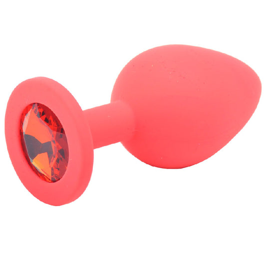 Red Jewelled Silicone Butt Plug Medium on white background. image 1