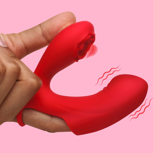 hand holding Red Rose Pulsing Finger Vibrator on pink background. image 2