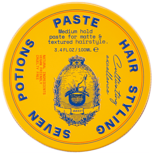 Yellow container of Seven Potions hair styling paste with branding and product details.