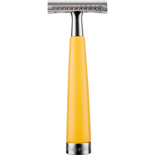 Shaving razor with yellow handle and silver metal parts on a black background