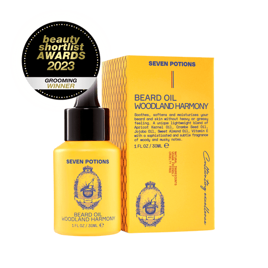 Seven Potions Beard Oil Woodland Harmony with packaging and an award badge on a black background