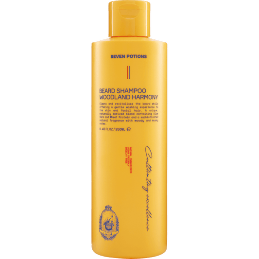 Yellow bottle of Seven Potions Beard Shampoo on a gray background