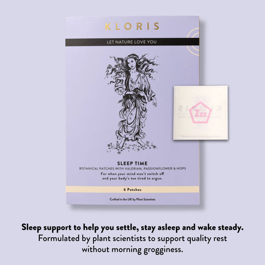 Kloris sleep time botanical patches packaging on a light purple background