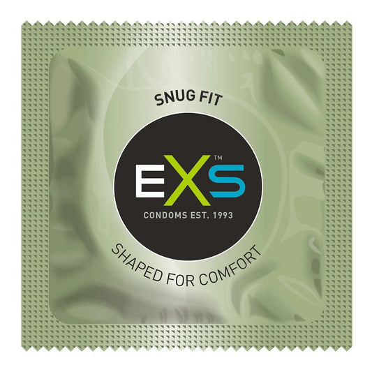 EXS snug condom individual wrap on white background. image 2