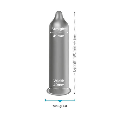 EXS snug condom individual size guide on white background. image 3