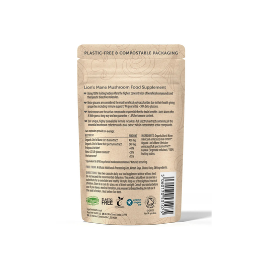 Back of Together Health packaging with list of ingredients for Lion's Mane