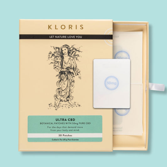 Kloris Ultra CBD botanical patches packaging on a light blue background