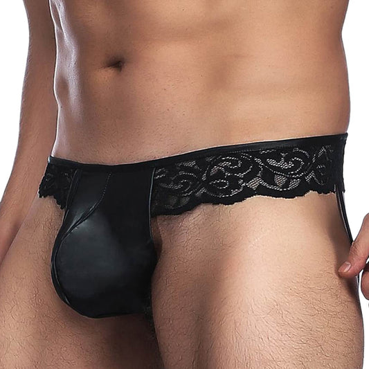 man wearing Black Men's Brief with Lace Trim on white background. image 2