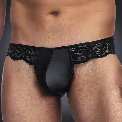 man wearing Black Men's Brief with Lace Trim on grey background. image 1