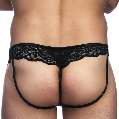 man wearing Black Men's Brief with Lace Trim on white background. image 3