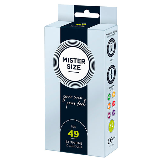 front side of packaging on mister size condoms on white background. image 1