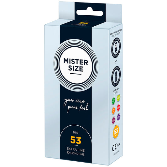 front side of packaging on mister size condoms on white background. image 1