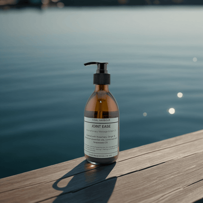 Bottle of 'Joint Ease' on a wooden dock with water in the background