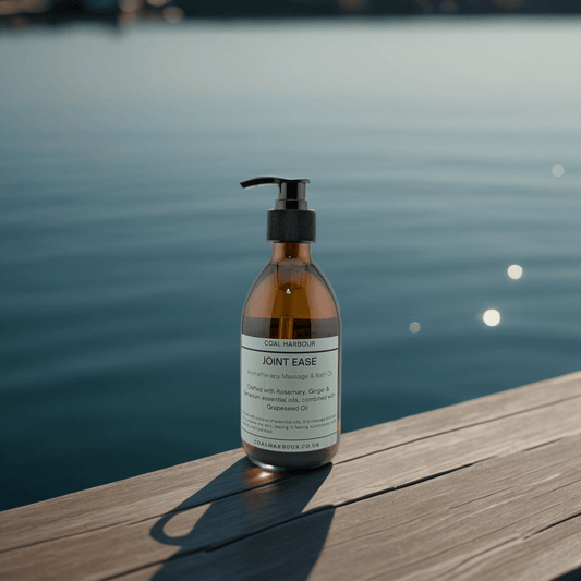 Bottle of 'Joint Ease' on a wooden dock with water in the background