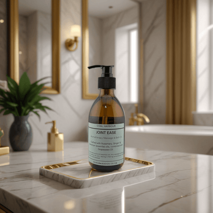 Bottle of 'Joint Ease' on a marble countertop in a bathroom setting