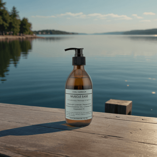 Bottle of 'Muscle Ease' on a wooden dock with a lake and trees in the background