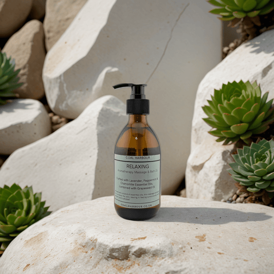 Bottle of 'Coral Harbour' relaxing product on a rock with succulents in the background