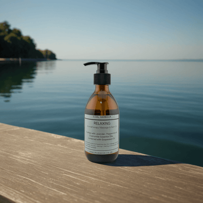 Bottle of 'Curl Harbour' relaxing product on a wooden dock by a lake.