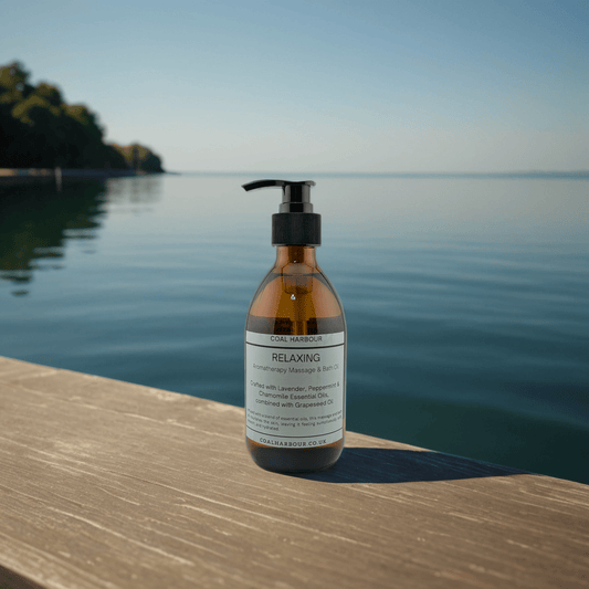 Bottle of 'Curl Harbour' relaxing product on a wooden dock by a lake.