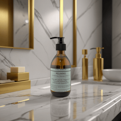 Bottle of 'Gala Handmade' relaxing product on a marble countertop with gold accents.