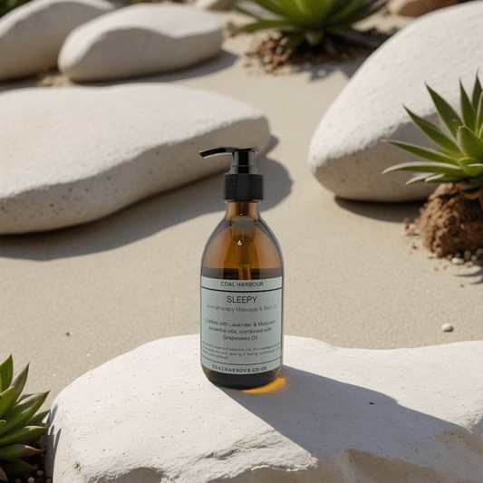 Bottle of 'Sleepy' product by Coal Harbour on a stone surface with succulents