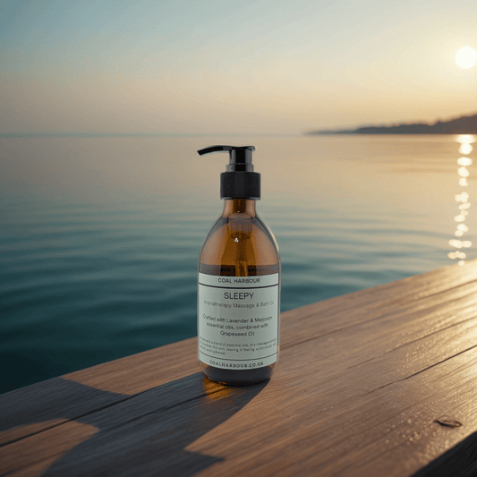 Bottle of 'Sleepy' product by Coal Harbour Co. on a wooden dock with a sunset over water background.
