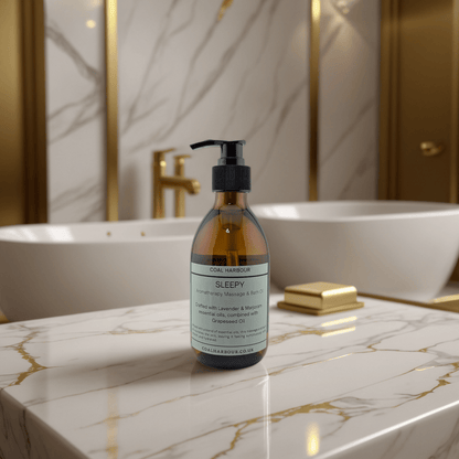 Bottle of 'Sleepy' product on a marble countertop with a bathroom setting in the background.