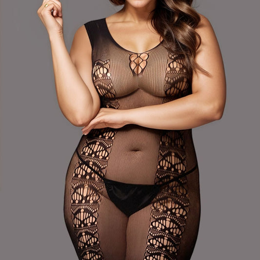 lady wearing black lace bodysuit and black pant on grey background.