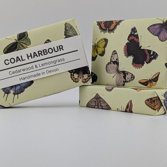 Two soap bars with butterfly design packaging and a visible label on a gray background