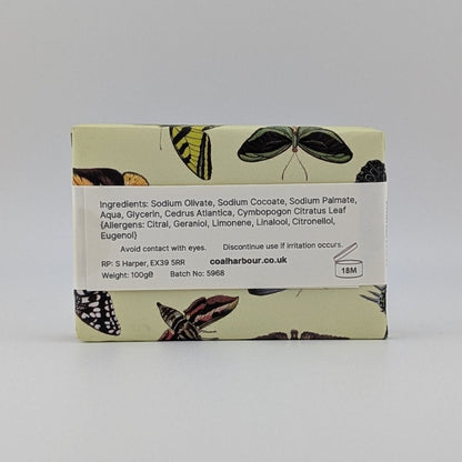 Bar of soap with butterfly design on a white background