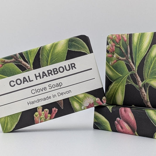 Two bars of Coal Harbour Clove Soap with botanical design on a white background
