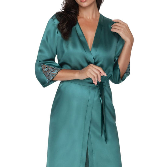 lady wearing green dressing gown on white backgrounds.