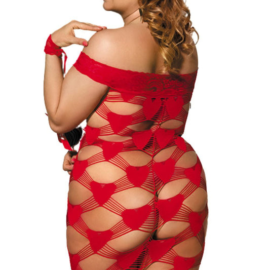 lady wearing red lace heart bodysuit and handcuffs on white background, back view.