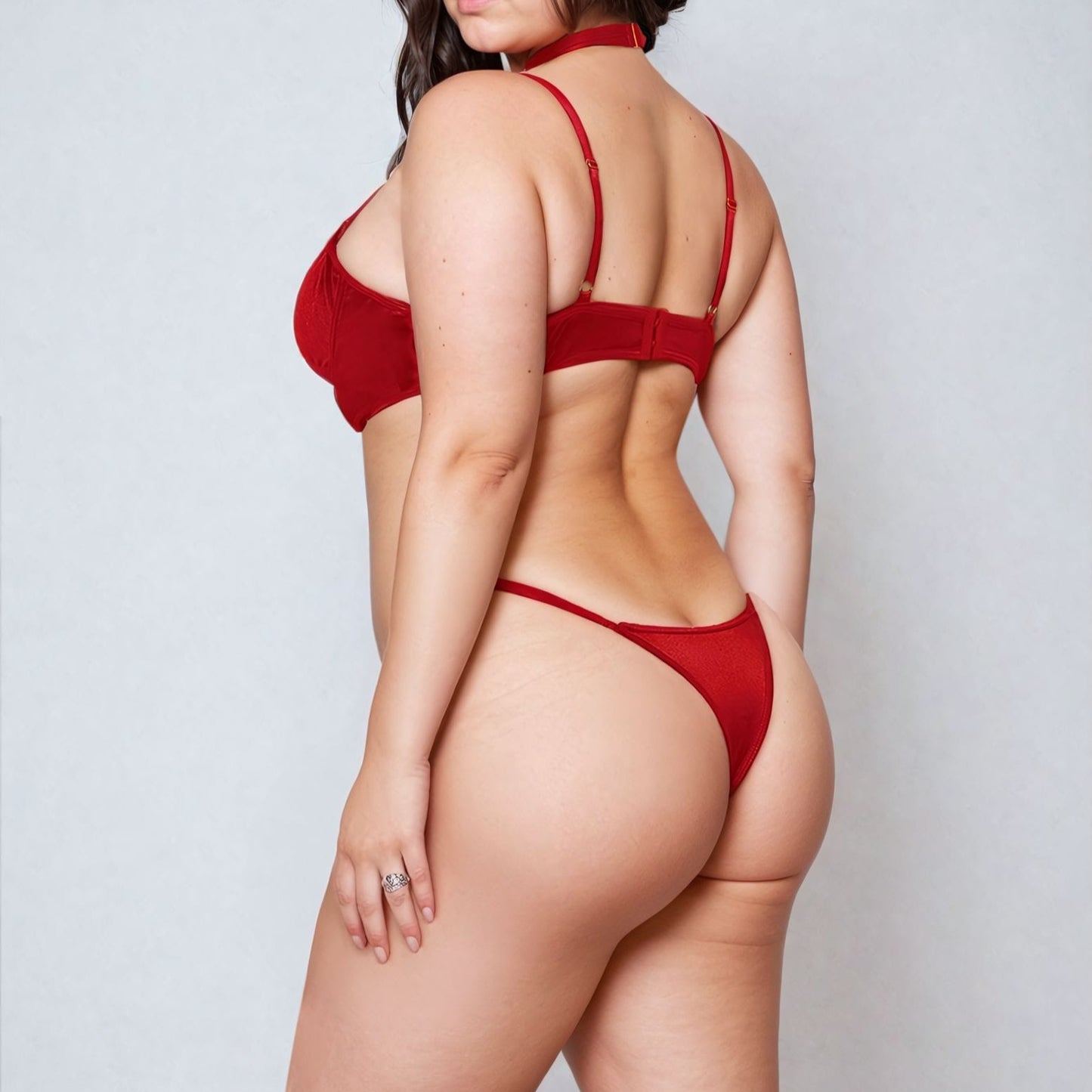 women wearing open bra set on white background, back view.