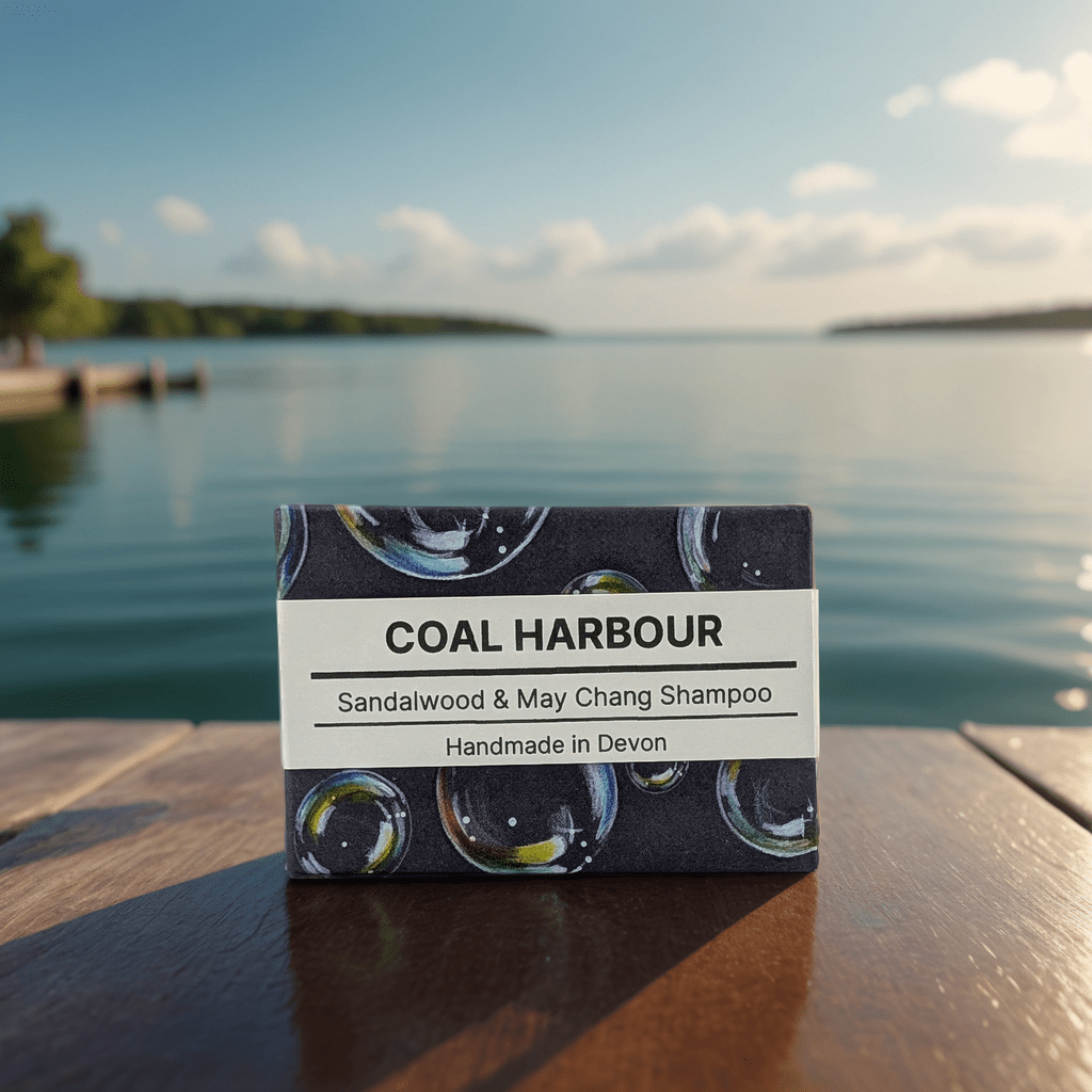 Coal Harbour Sandalwood & May Chang Shampoo bar packaging on a wooden surface with a lake in the background