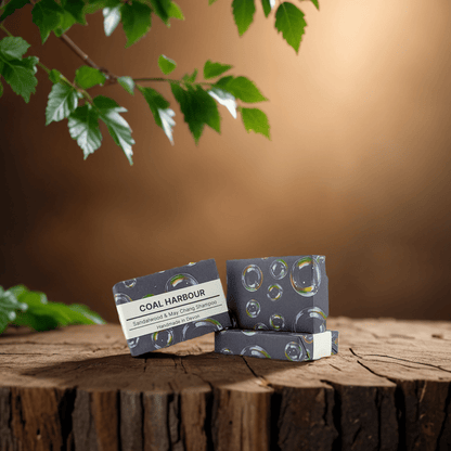 Two bars of Coal Harbour soap on a wooden surface with a blurred natural background
