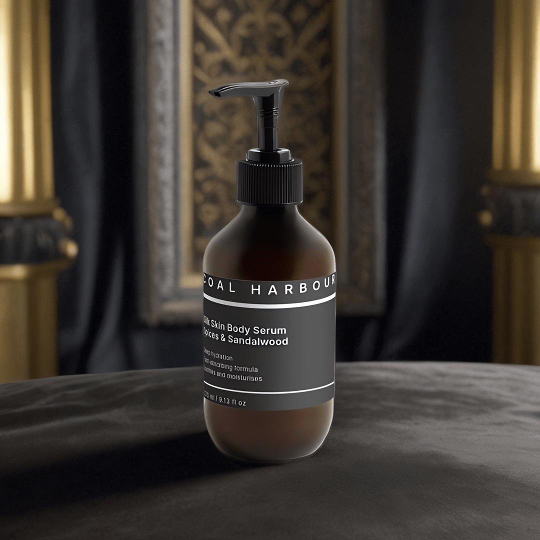 Bottle ofunal harmony body serum on a dark surface with a decorative background