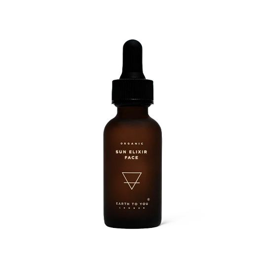 Brown glass bottle with dropper labeled 'Sun Elixir Face' on a white background