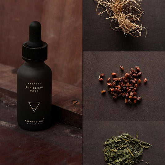 Black bottle with dropper, dried roots, seeds, and leaves on a dark background